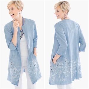 Chico's‎ Women's Indigo Eyelet Topper 3/4 Sleeve Jacket Size 0